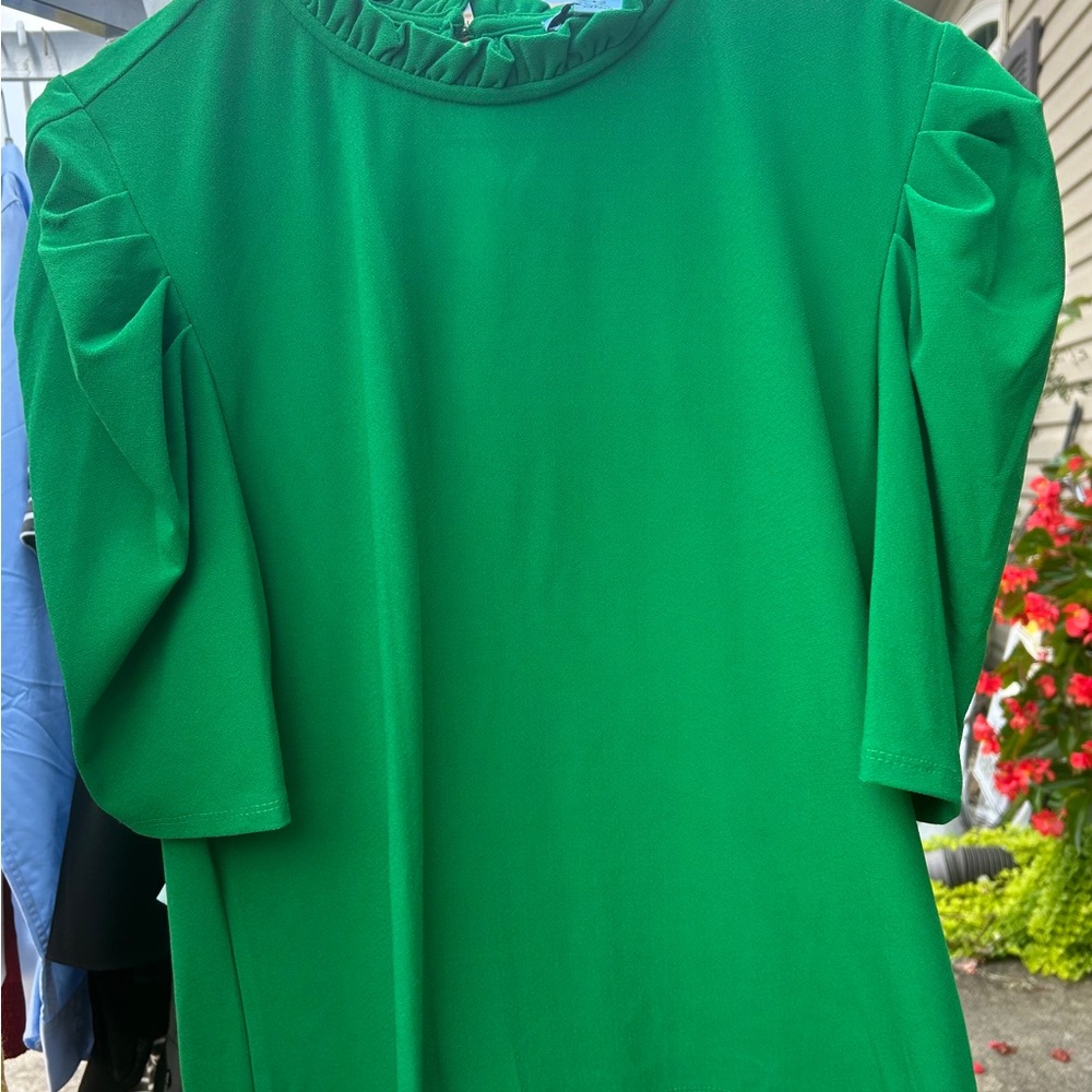 CeCe Green Blouse with Ruffled Neckline